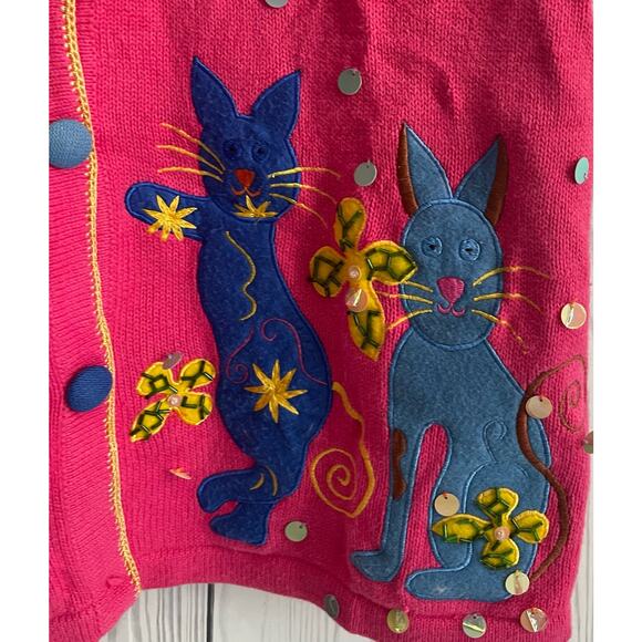 VTG Pink Cat Cardigan Morgan Cole with Embroidered Cats and Florals - Size Sm - Picture 3 of 7